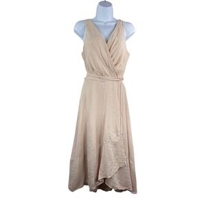 DKNY Wrap Midi Dress sz 10 tan Striped Linen Blend Sleeveless ruffle preppy